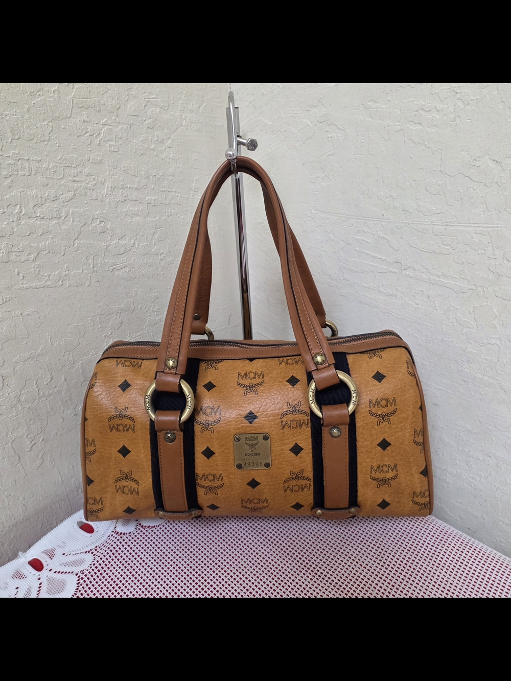 MCM Cognac Monogram Handbag Medium Satchel Bag AUTHENTIC